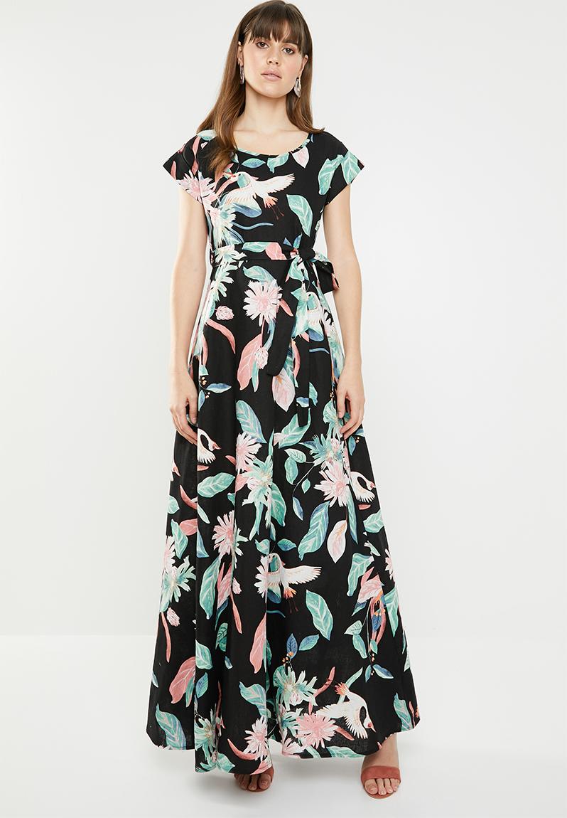 Katya Floral Belted Maxi Dress Black AMANDA LAIRD CHERRY Casual