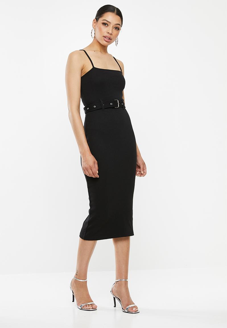 Ribbed Cami Belted Midi Dress Black Missguided Occasion Superbalist