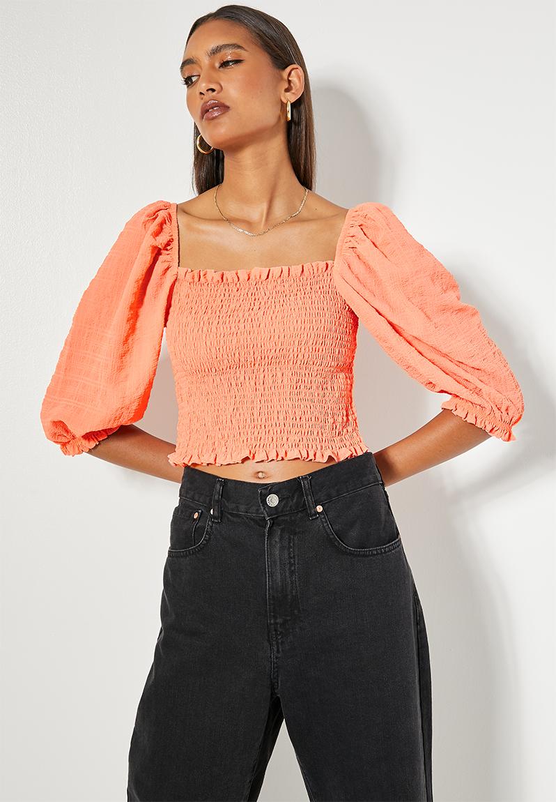 Shirred Puff Sleeve Blouse Textured Peach Superbalist Blouses