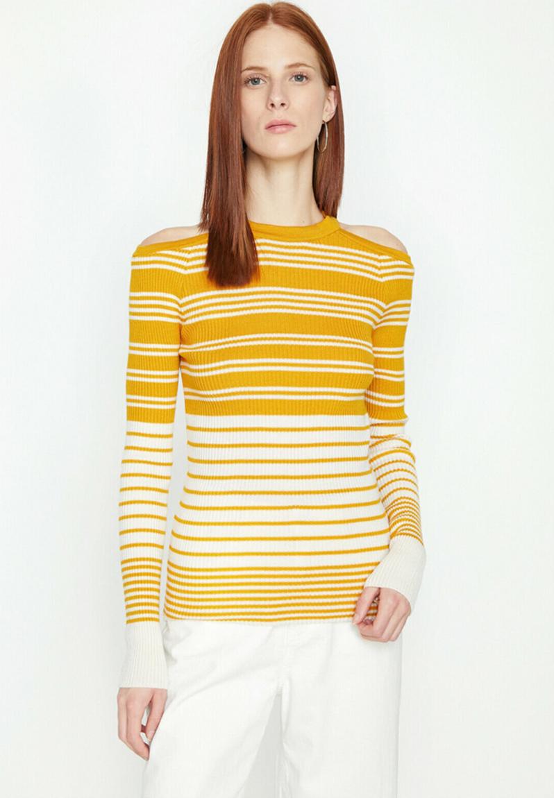 Striped Crew Neck Long Sleeve Shoulder Detailed Jumper Yellow Koton