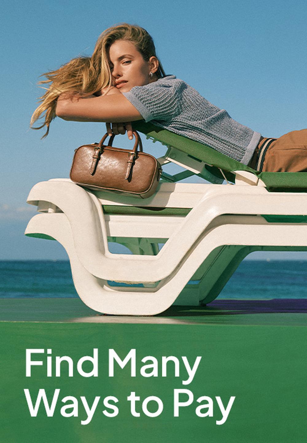 Promotional Superbalist banner showing a woman reclining on a modern white-and-green lounge chair by the ocean, holding a brown handbag, with the text “Find Many Ways to Pay” in large white letters.