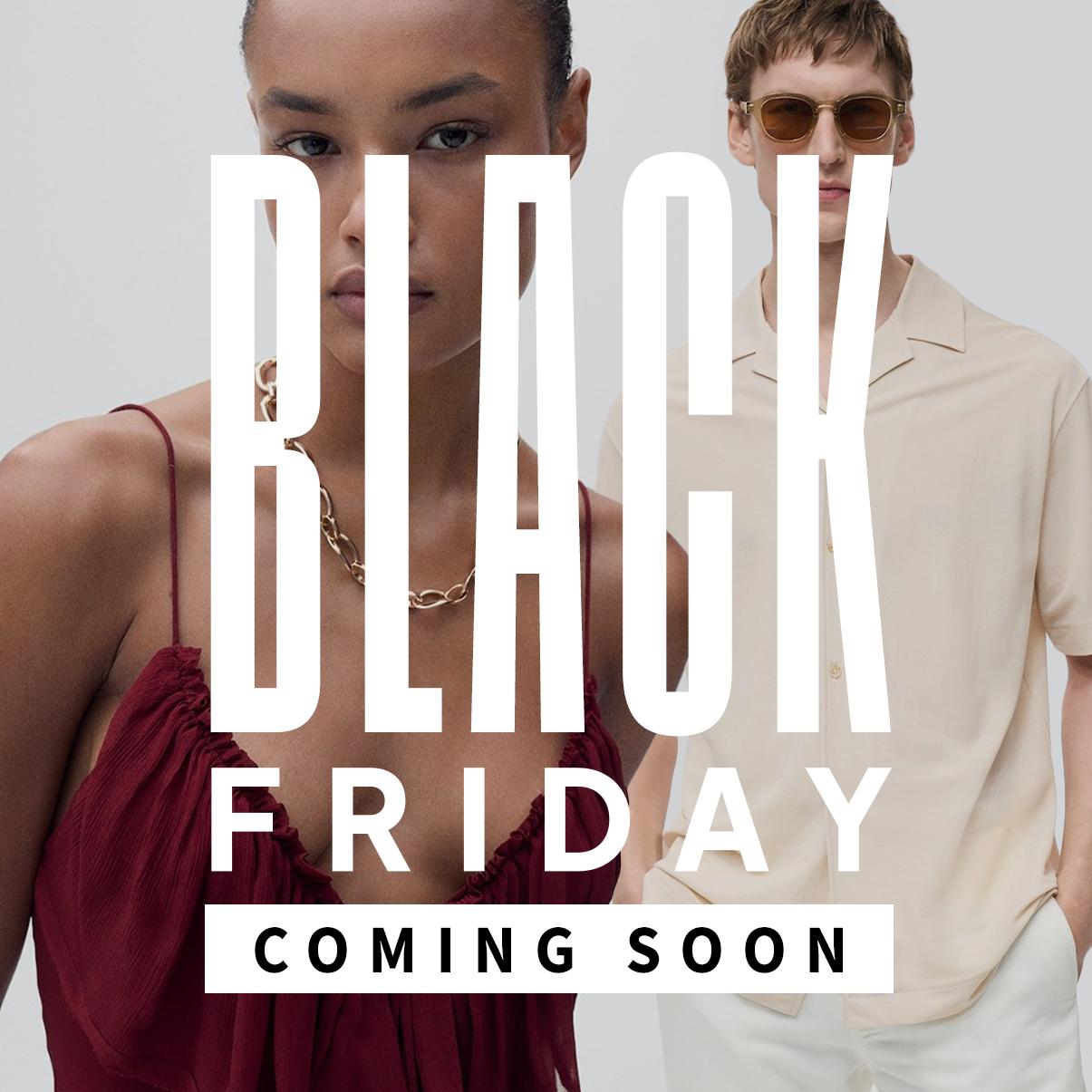 Promotional Black Friday banner with a woman in a burgundy dress and a man in a cream shirt and sunglasses, overlaid with large white text reading “BLACK FRIDAY” and “COMING SOON.”