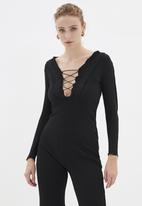 Trendyol - Tie detailed knitted jumpsuit - black