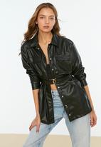 Trendyol - Faux leather metal buckle belted coat - black