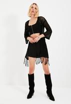 Trendyol - Long openwork tasseled knitwear cardigan - black