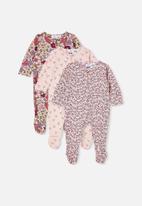 Cotton On - 3 Pack long sleeve zip romper footed - pink