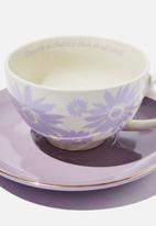 Typo - Get saucy boxed teacup - purple & white