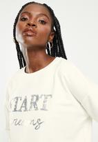 Koton - Crew neck, long sleeve, letter printed, sequin detailed T-shirt - ecru