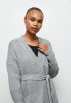 edit - Belted cabled cardigan - silver grey