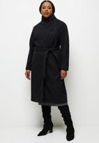 edit Plus - Highneck belted melton coat - black
