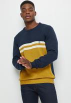Lark & Crosse - Stripe pattern crew neck knit - navy & yellow 