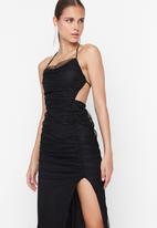 Trendyol - Ruched open back side slit dress - black