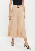 Me&B - Woven pleated skirt with fabric covered belt - tan