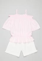 Rebel Republic - Girls drop shoulder top & shorts set - pink & white