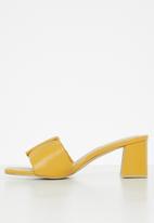 Seduction - Ruched barely there block heel mule - mustard
