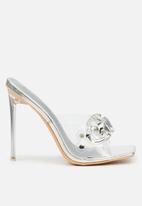 Miss Black - Monarch4 barely there stiletto mule heel - silver