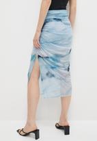 VELVET - Printed mesh ruched  skirt with slit - light blue