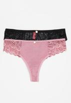 KANGOL - 2pk dobby mesh mf combo lace thong - dusty pink & black