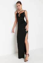 Trendyol - Asymmetrical strap thigh split dress - black