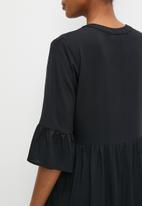 edit - Mandarin collar tiered swing dress - black
