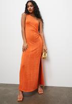 VELVET - Asym drawstring side cut out detail maxi dress - vibrant orange