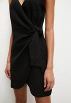 VELVET - Strappy linen blend mini wrap dress - black
