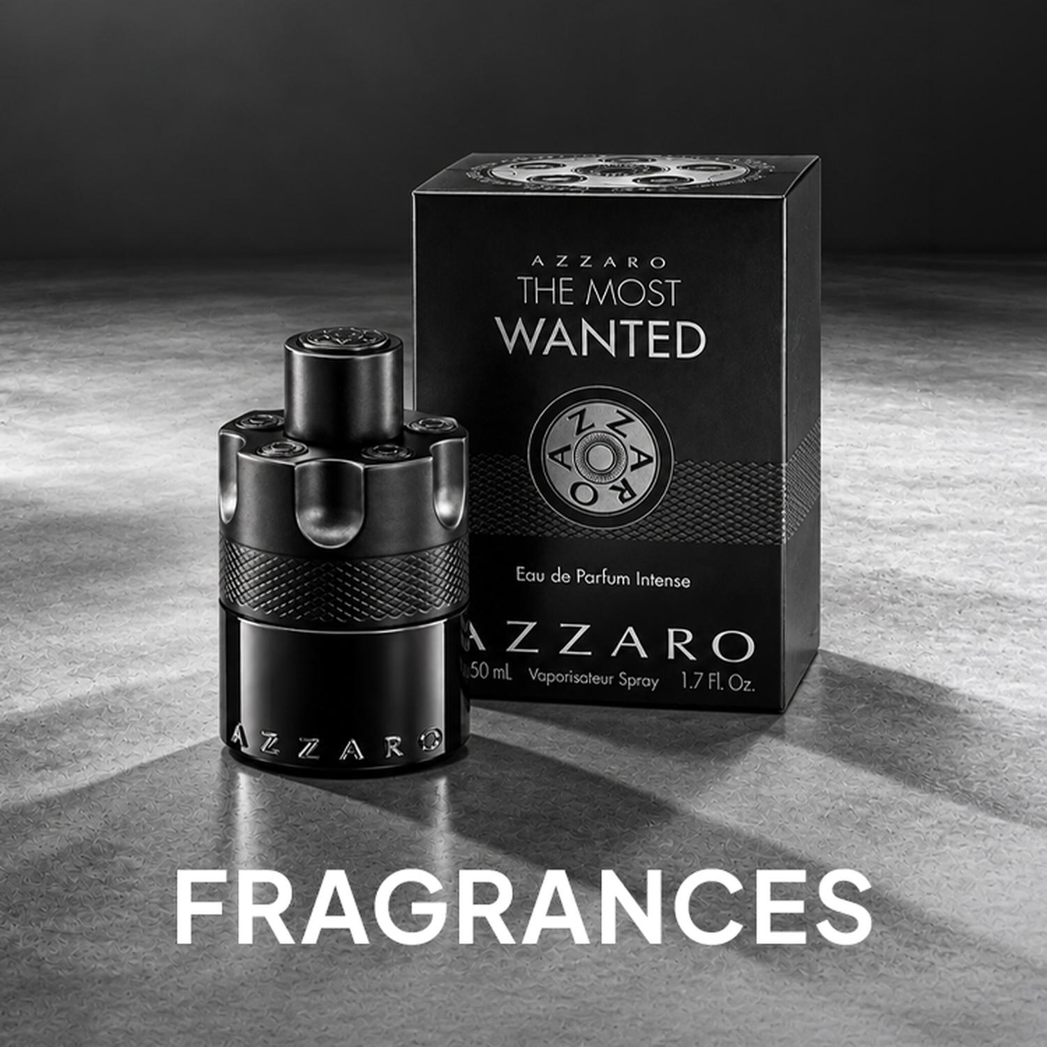 Black-and-white fragrance promo showing an Azzaro The Most Wanted Eau de Parfum Intense bottle beside its box, with the word “FRAGRANCES” in large text at the bottom.
