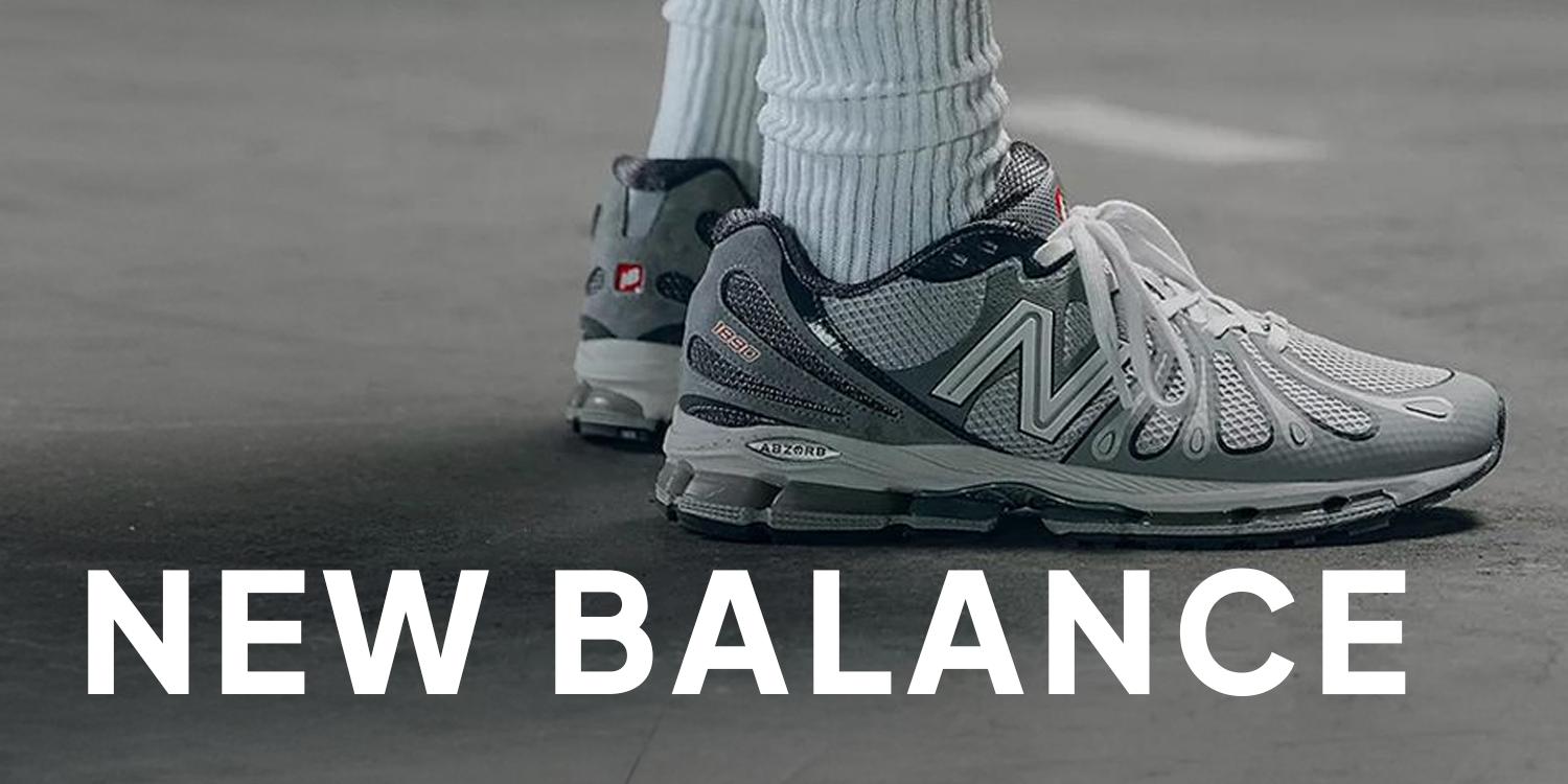 New Balance Black Friday banner with olive green sneakers and bold black “BLACK FRIDAY” text on a white background.