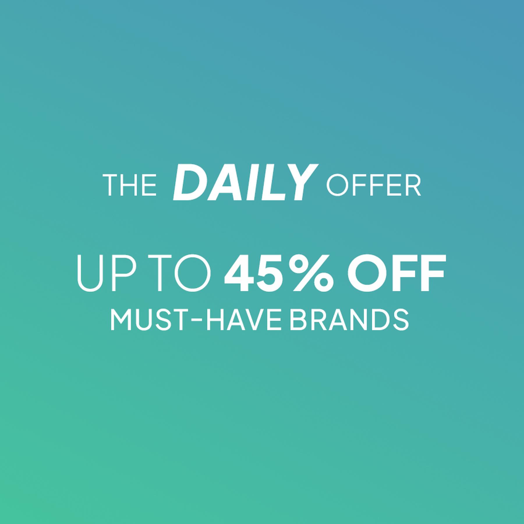 Blue-to-teal gradient promotional banner with centered white text reading “THE DAILY OFFER” and “UP TO 60% OFF ACROSS DEPARTMENTS.”