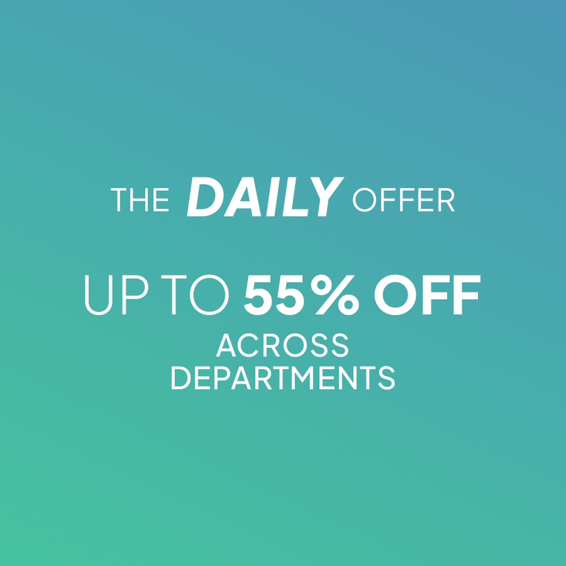 Blue-to-teal gradient promotional banner with centered white text reading “THE DAILY OFFER” and “UP TO 60% OFF ACROSS DEPARTMENTS.”