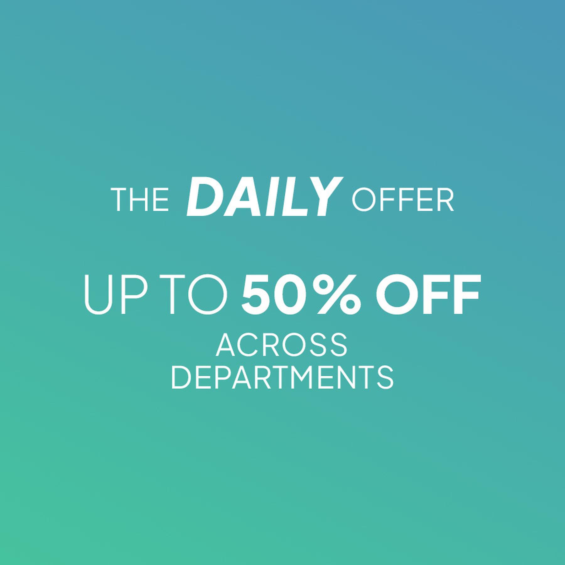 Blue-to-teal gradient promotional banner with centered white text reading “THE DAILY OFFER” and “UP TO 60% OFF ACROSS DEPARTMENTS.”
