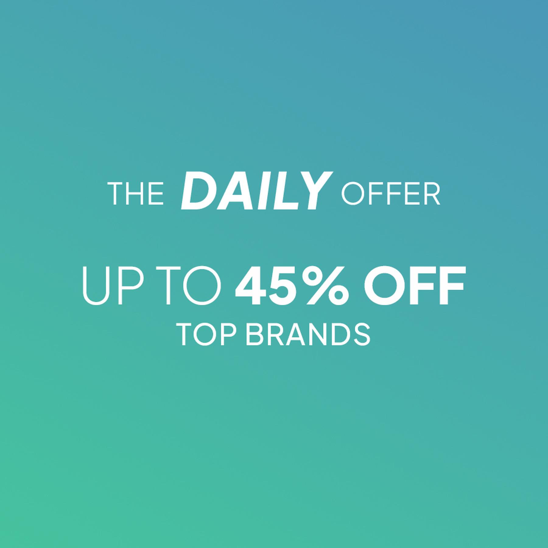 Blue-to-teal gradient promotional banner with centered white text reading “THE DAILY OFFER” and “UP TO 60% OFF ACROSS DEPARTMENTS.”