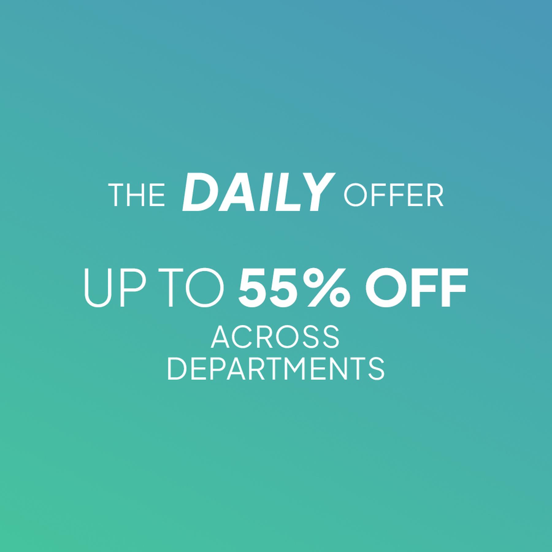 Blue-to-teal gradient promotional banner with centered white text reading “THE DAILY OFFER” and “UP TO 60% OFF ACROSS DEPARTMENTS.”