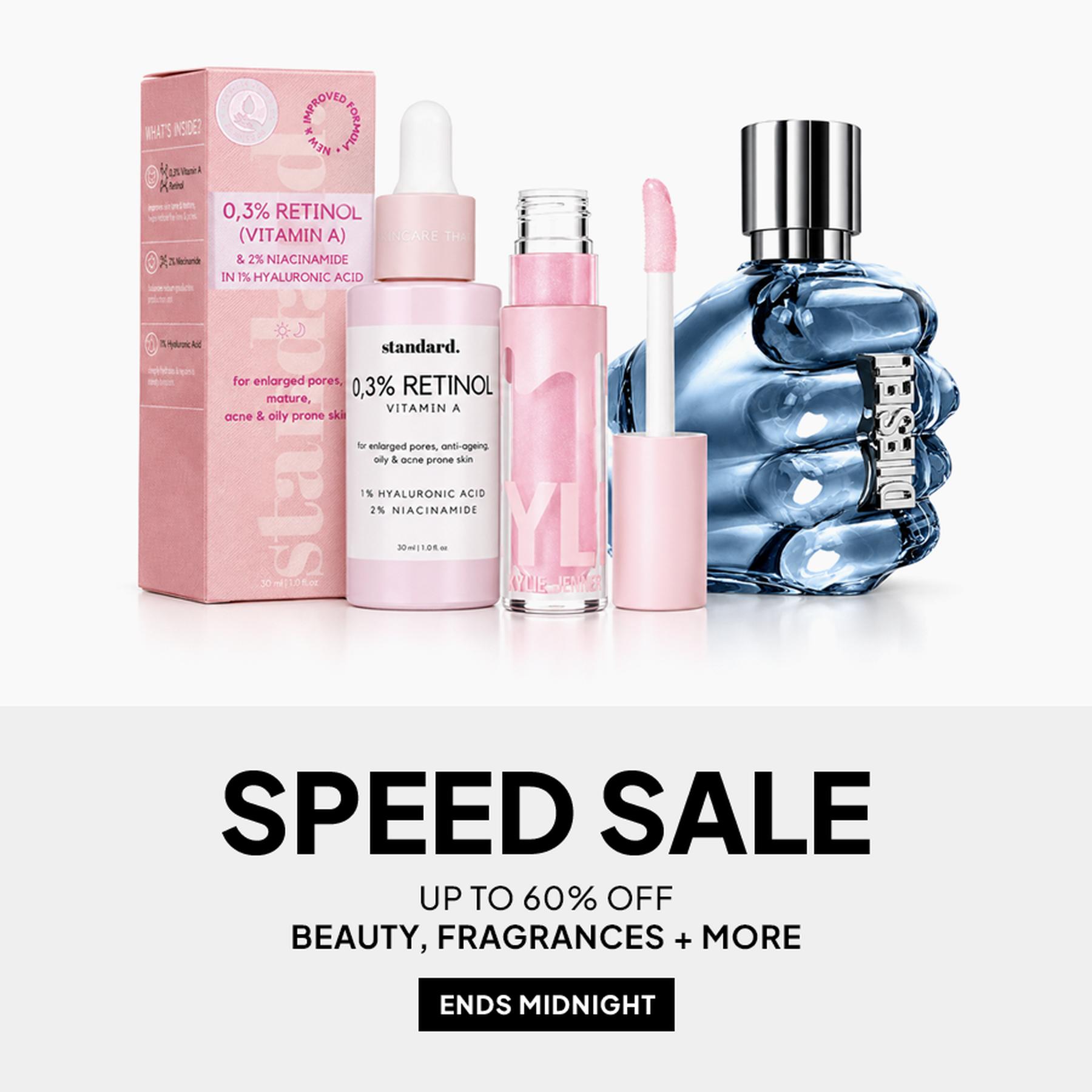 Superbalist Speed Sale beauty promo featuring pink skincare and lip gloss products beside a blue Diesel perfume bottle, with large text reading “SPEED SALE,” “UP TO 60% OFF BEAUTY, FRAGRANCES + MORE,” and “ENDS MIDNIGHT.”