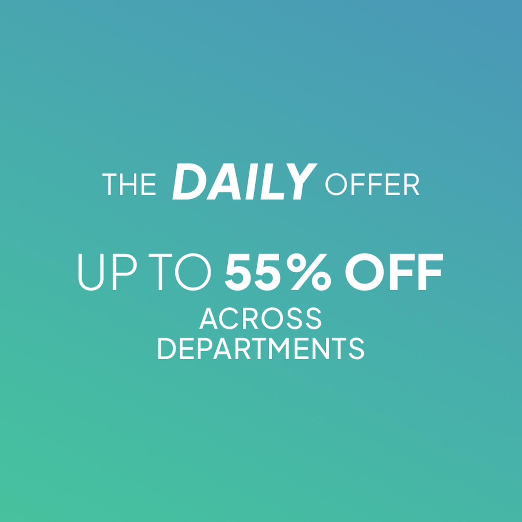 Blue-to-teal gradient promotional banner with centered white text reading “THE DAILY OFFER” and “UP TO 60% OFF ACROSS DEPARTMENTS.”