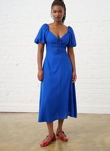 Spot Linen Blend Dress with Lace Up Detail - White
