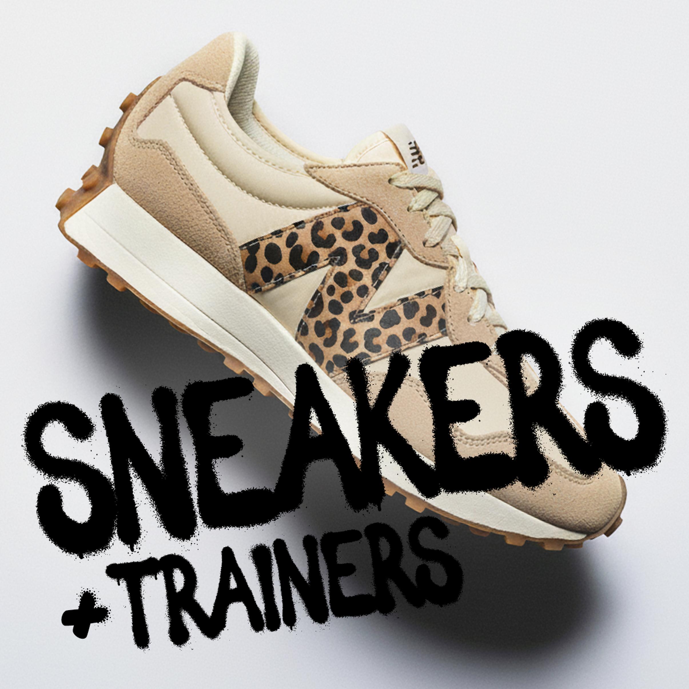 Beige sneaker and trainer with a leopard-print side detail on a white background, overlaid with bold black text reading “SNEAKERS + TRAINERS” for the men’s Black Friday deals section.