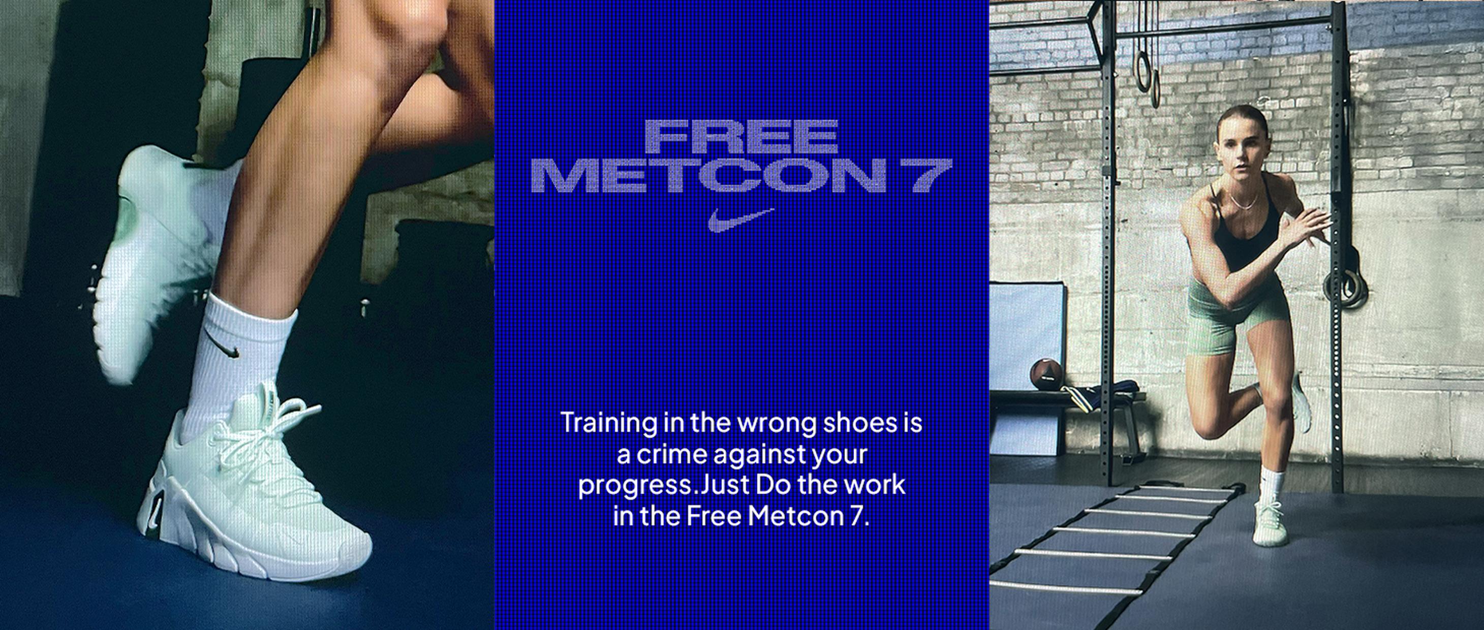 Nike training promo featuring Free Metcon 7 sneakers and athletes in a gym, with the slogan “Just Do the Work” and “Free Metcon 7” highlighted against a bold blue panel.