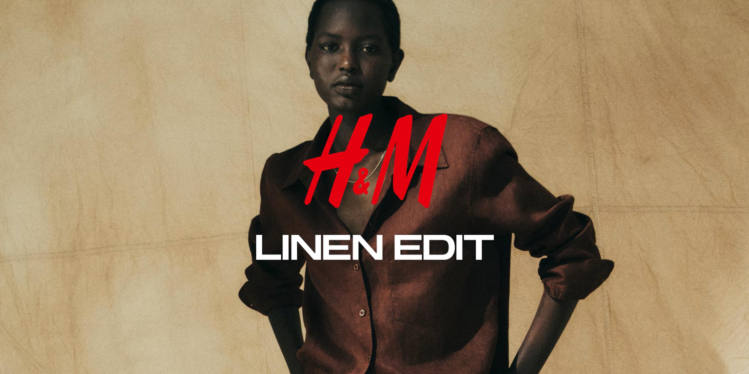 Fashion campaign banner with a model in a dark brown linen shirt against a beige backdrop, overlaid with the H&M logo and the text “LINEN EDIT.”