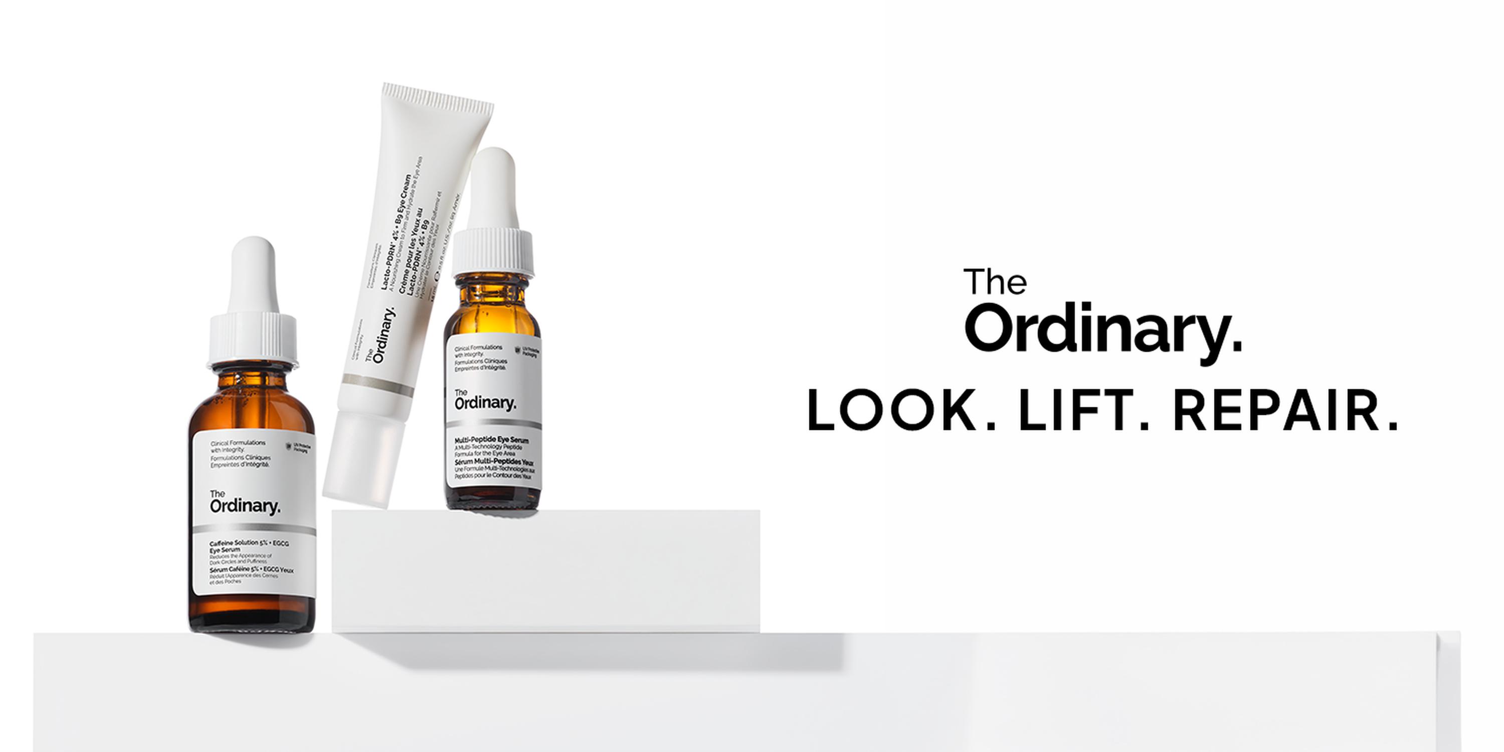 The Ordinary skincare ad on a white background showing three amber-and-white products on a pedestal beside the slogan “LOOK. LIFT. REPAIR.”
