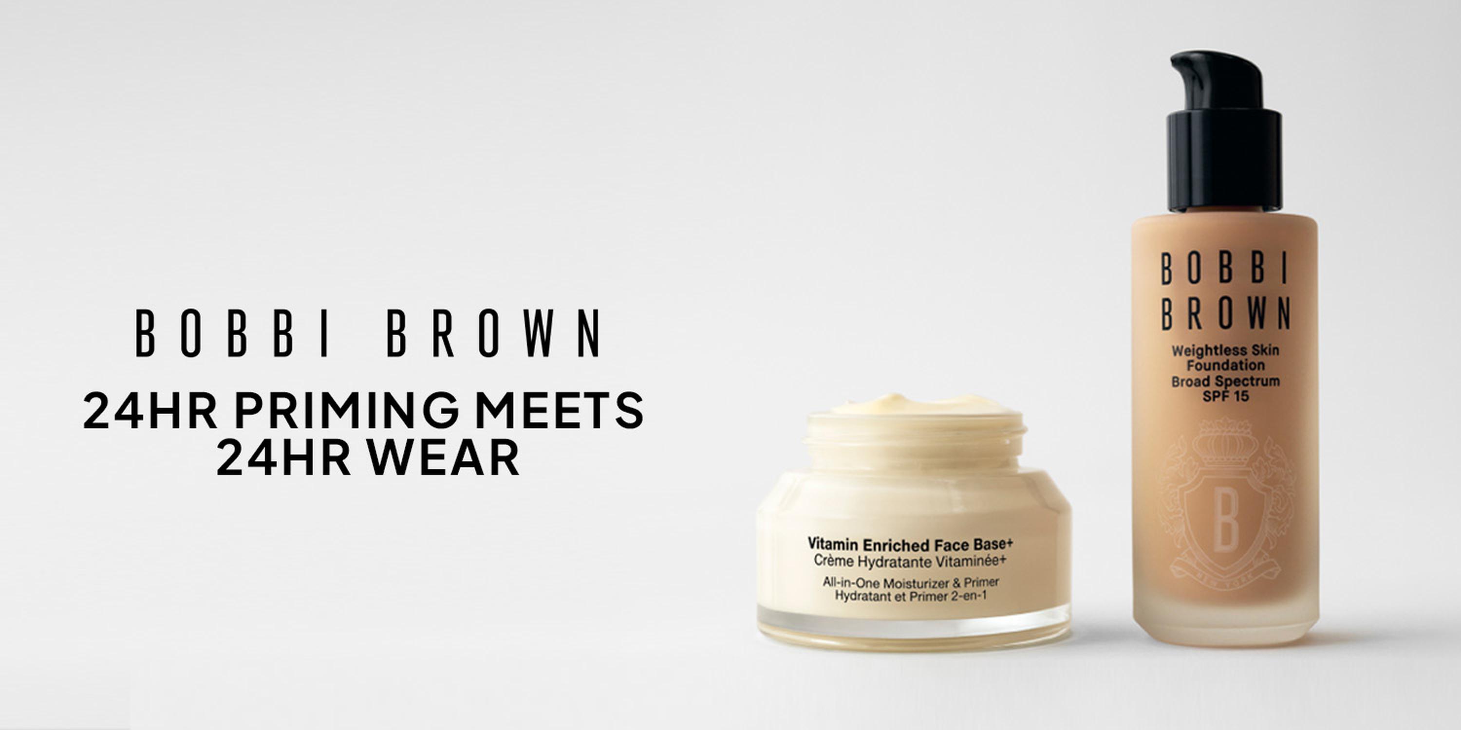 Bobbi Brown beauty ad on a white background featuring Vitamin Enriched Face Base moisturizer and Weightless Skin Foundation bottle, with the slogan “24HR PRIMING MEETS 24HR WEAR.”