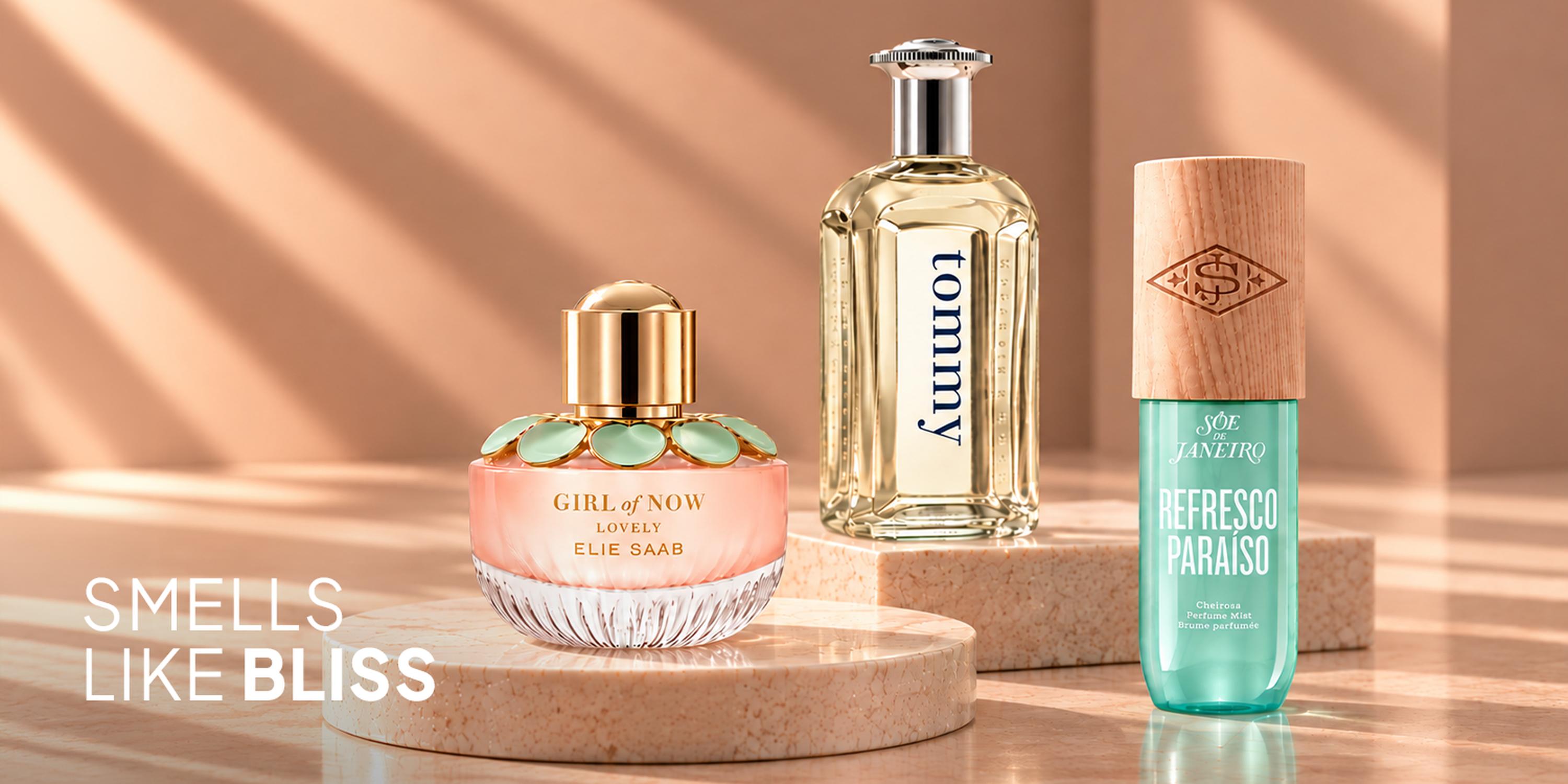 Luxury fragrance selection featuring Lattafa Dynasty perfume in an elegant glass bottle with a regal crown lid.
