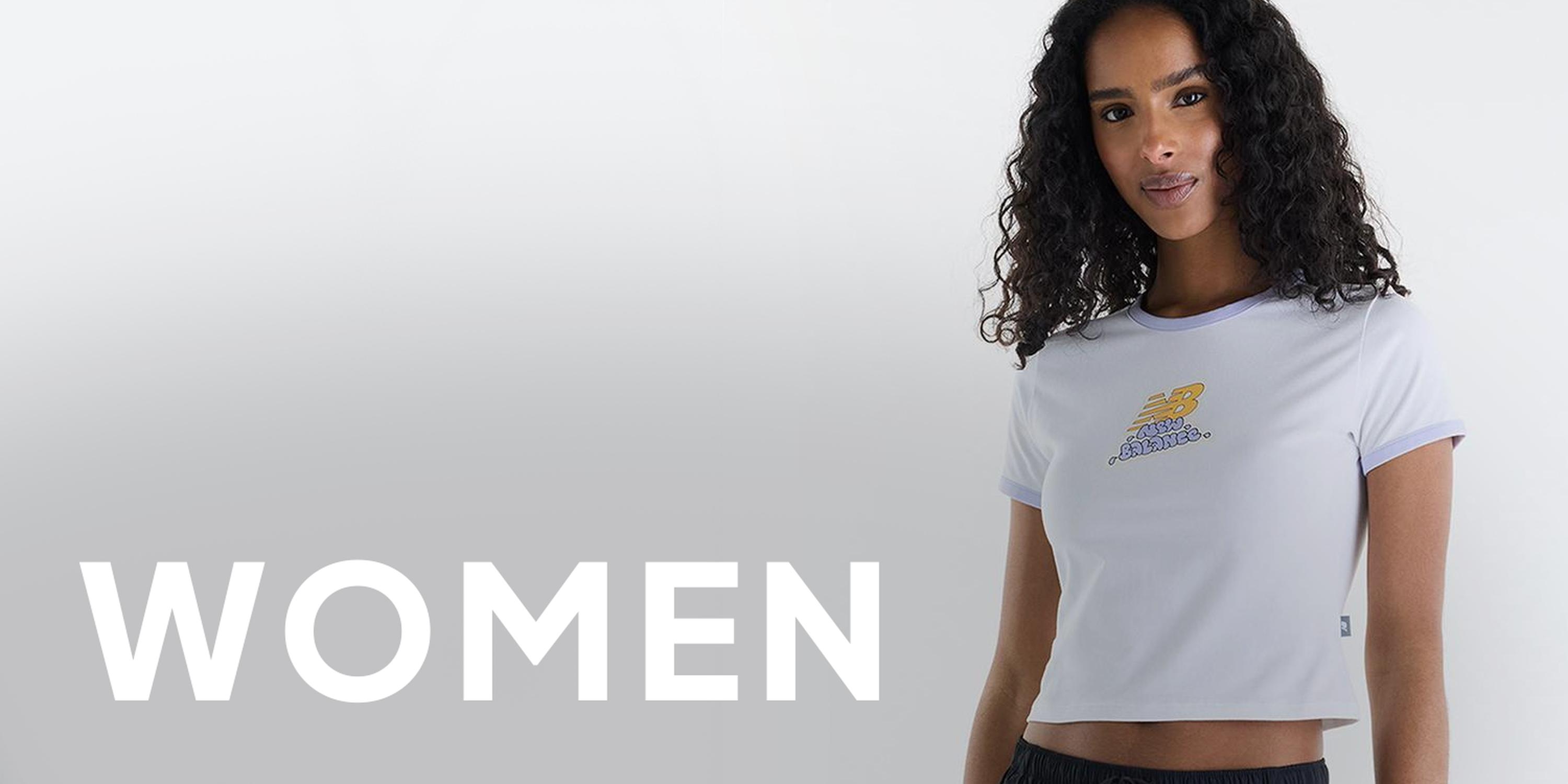 Black Friday women’s New Balance clothing and sneakers banner featuring a woman wearing a white New Balance cropped T-shirt.