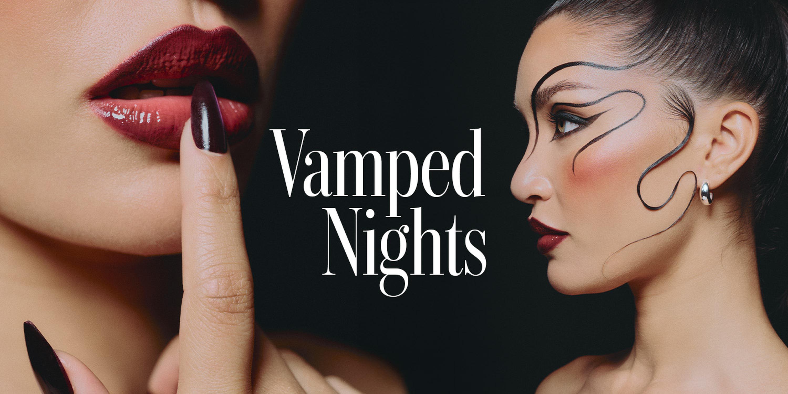 Fashion campaign banner with close-up faces and bold makeup, including red lipstick and manicured finger, overlaid with the text “Vamped Nights”. Halloween Edit. Beauty, makeup, fashion