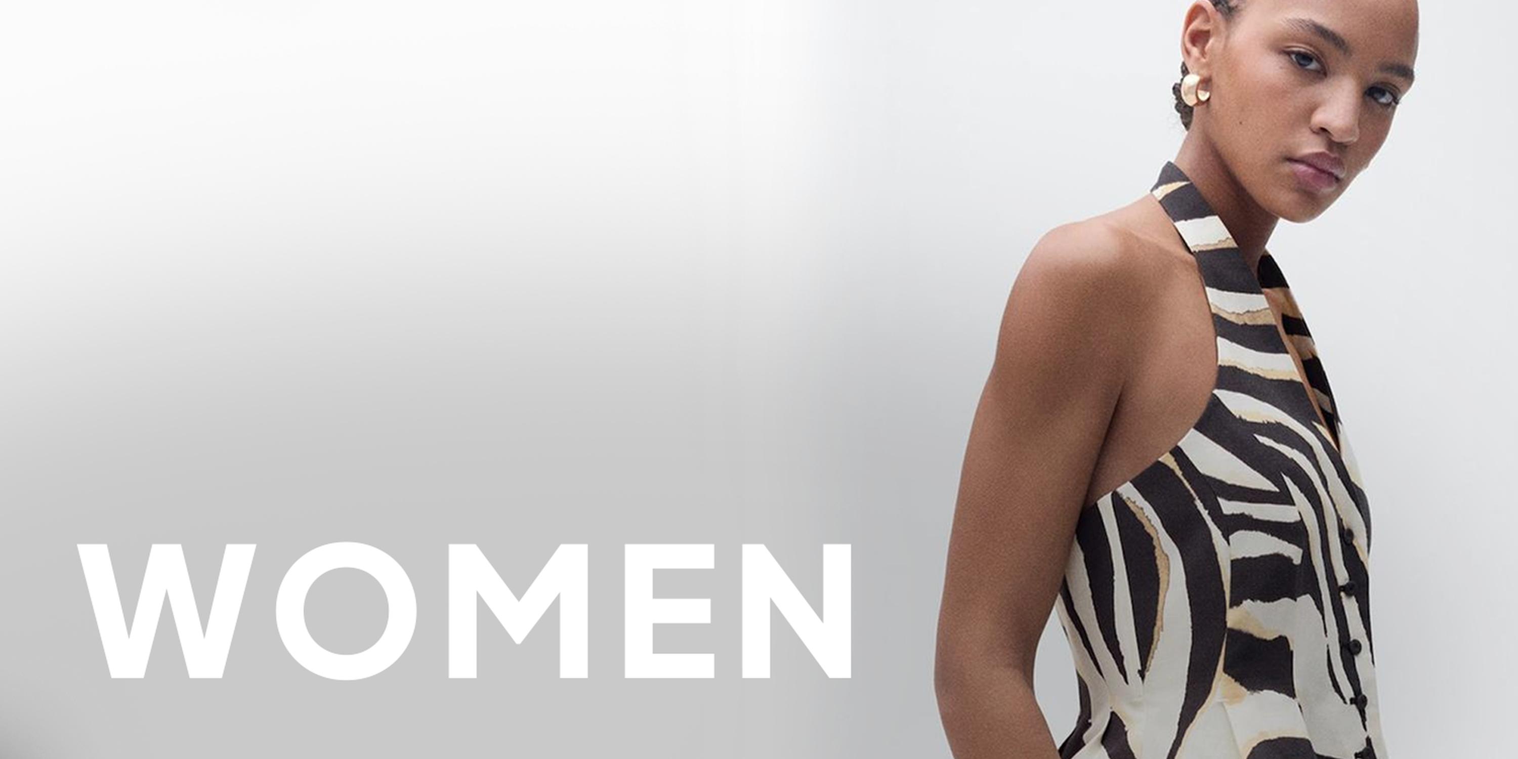 Woman in cream halter vest and sunglasses on a white background, overlaid with bold black “WOMEN” text for the Black Friday women’s deals section.