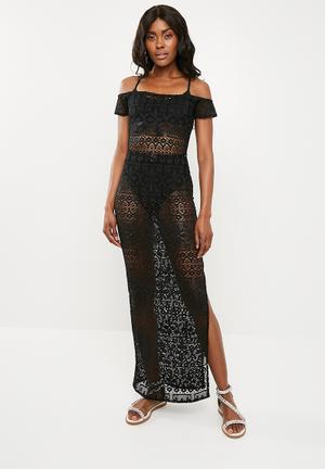 Crochet bardot maxi dress - black