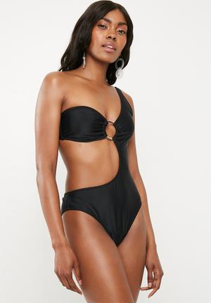 One shoulder ring front cut out swimsuit - black 