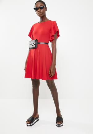 Sleeve detail fit And flare dress - red