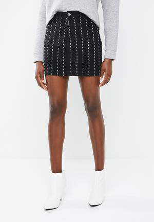 Linear embellished denim mini skirt - black