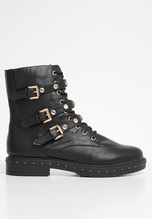 Triple strap mid embellish hiker boot - black